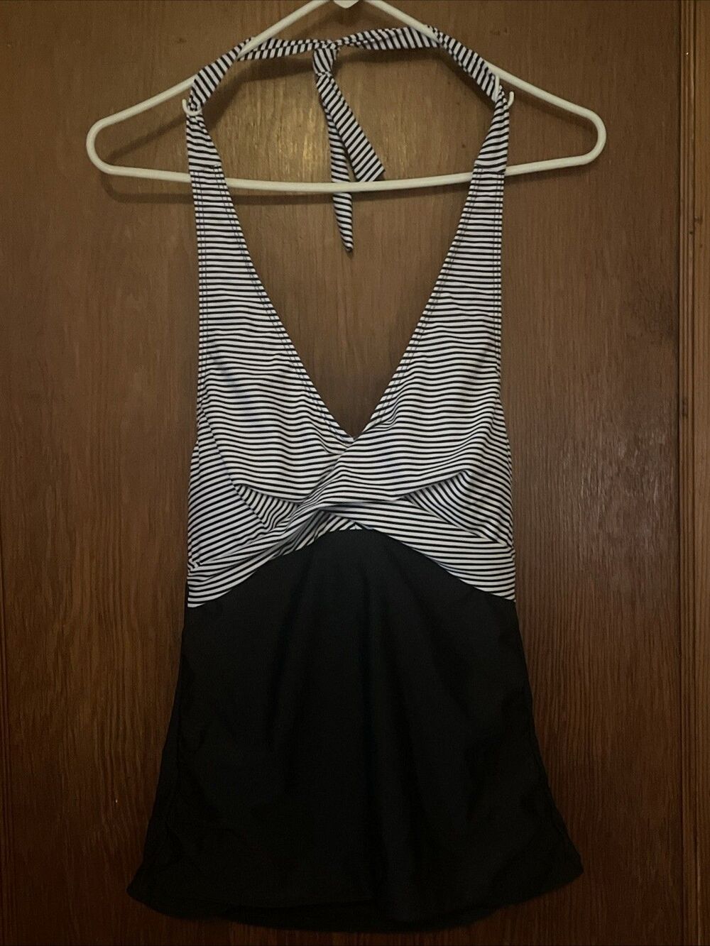 NWT TEMPT ME Black White Stripe Halter Mesh Tankini Swim Top Size Medium